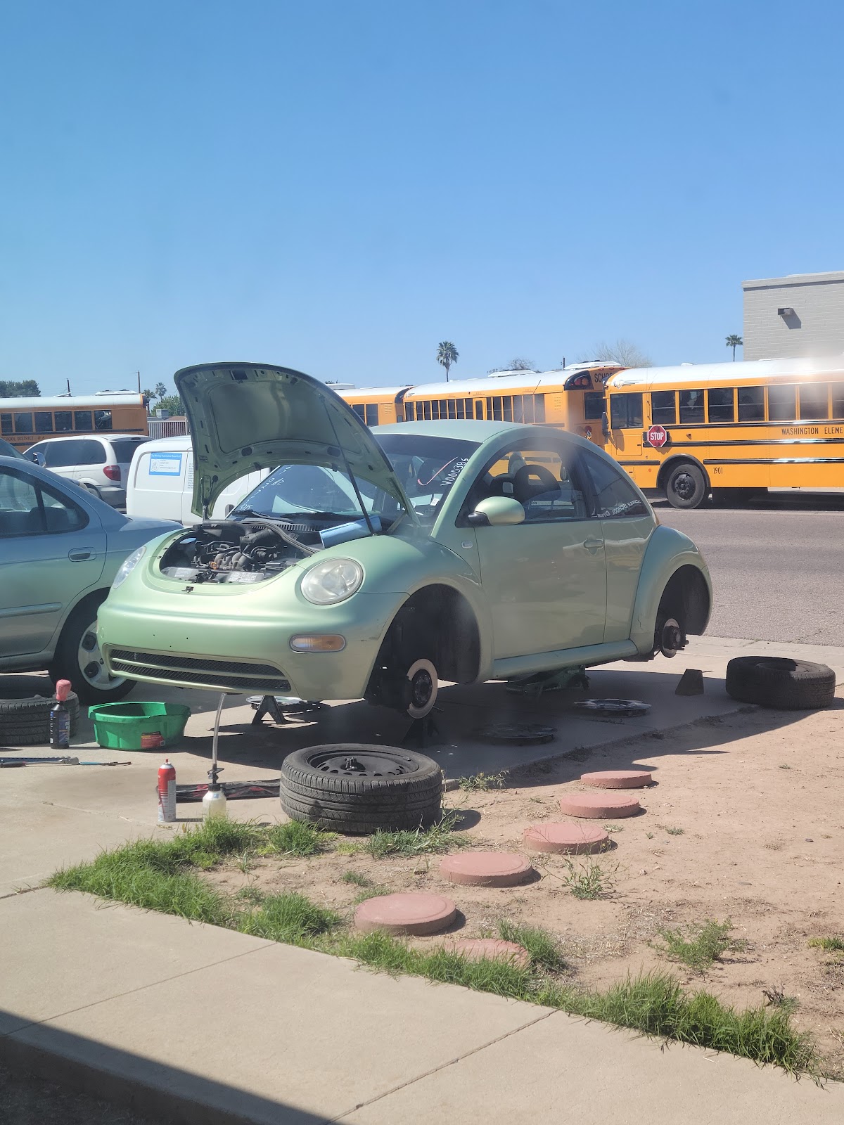 Light green VW Beetle with its hood open and wheels off, up on stands, yellow school buses in the background