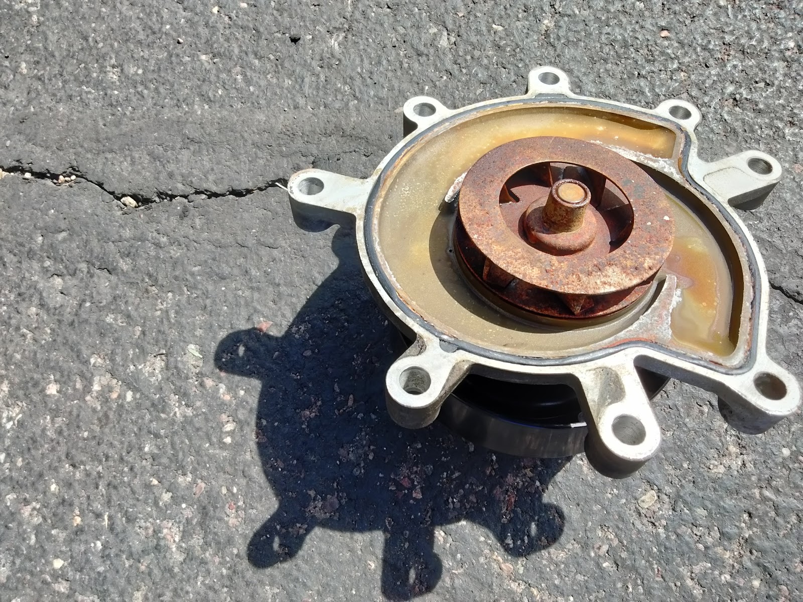 A failed water pump with a rusted-through impeller, set out on sunlit asphalt